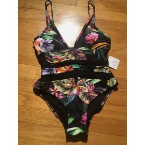 Coastal Waves Womens Black Floral Print One-Piece Bathing Suit - Small